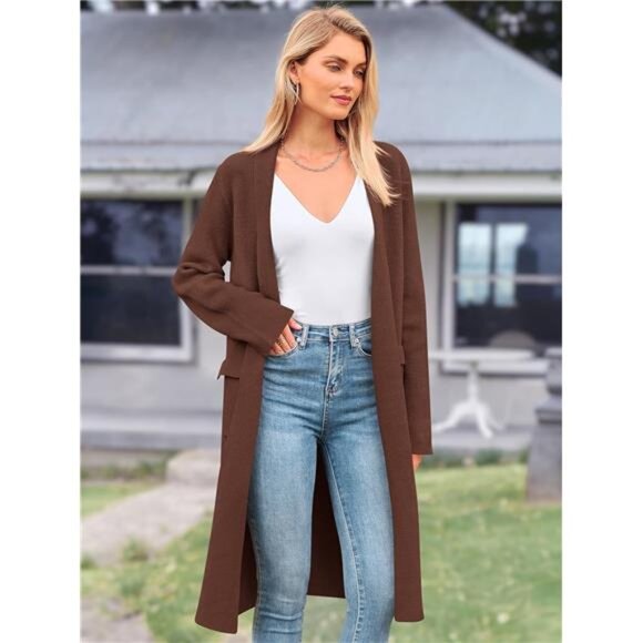 Women's Open Front Long Cardigan Sweaters, Brown - Picture 3 of 7